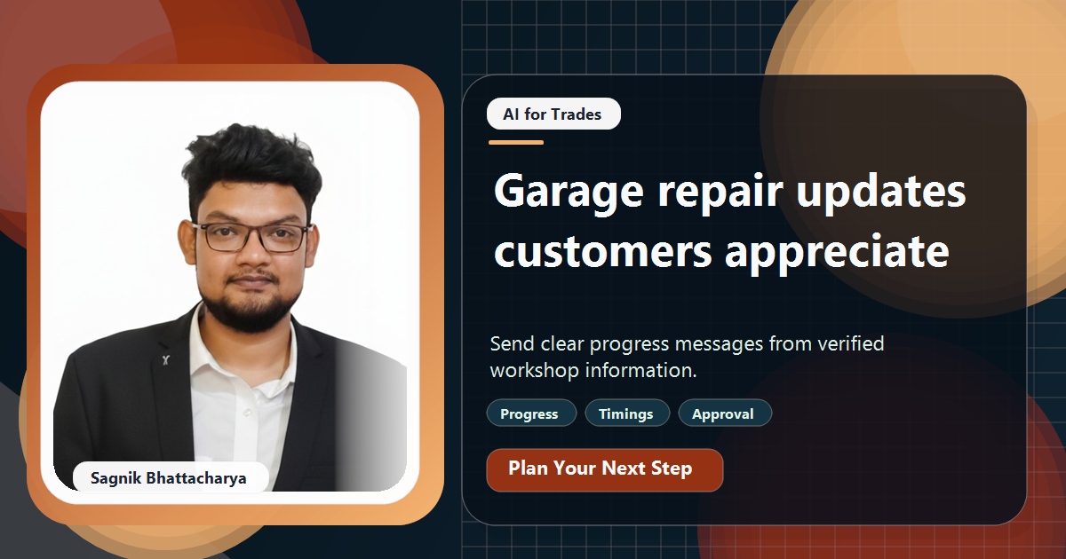 Coding Liquids tutorial cover featuring Sagnik Bhattacharya for How Garages Use AI to Send Repair Updates Customers Appreciate.