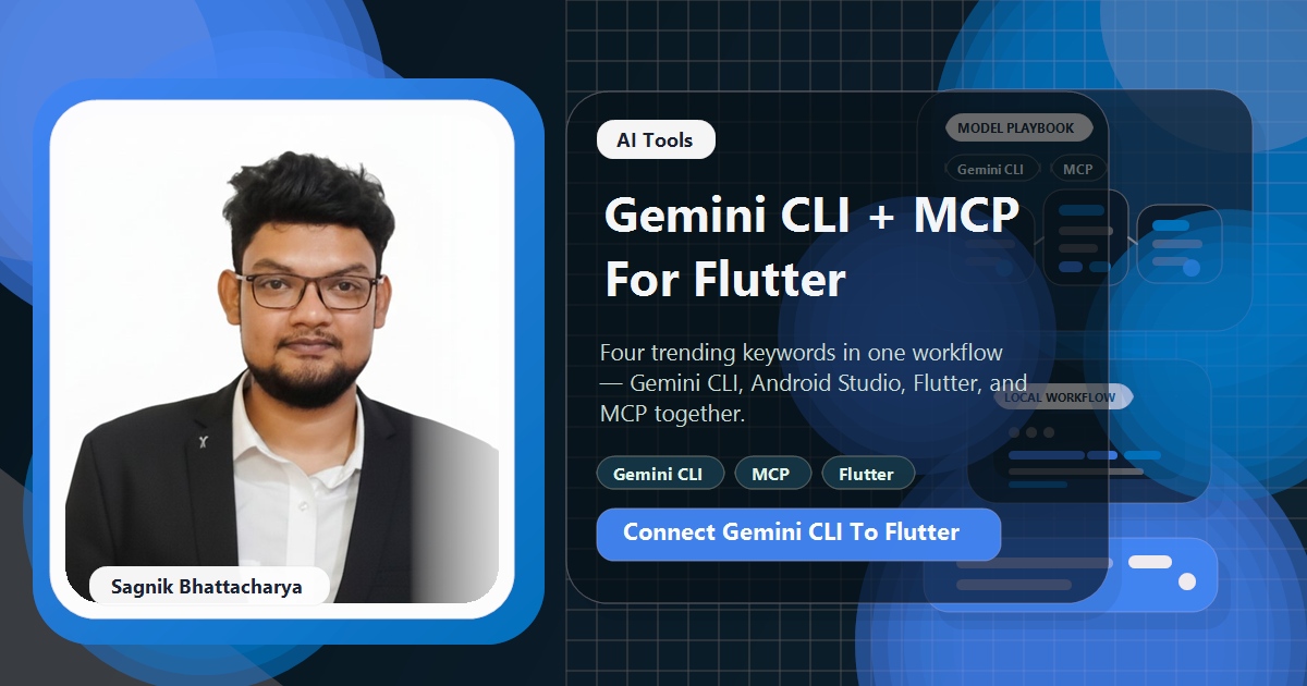 Coding Liquids blog cover featuring Sagnik Bhattacharya for How to Use Gemini CLI in Android Studio for Flutter with MCP Server, showing Android Studio IDE with Gemini CLI terminal integration.