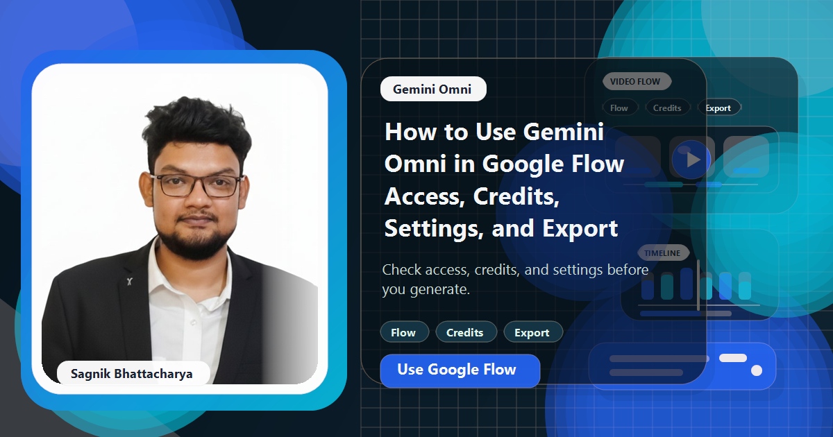 Coding Liquids blog cover featuring Sagnik Bhattacharya for using Gemini Omni in Google Flow, with model settings, credit counters, asset panels, and export controls.