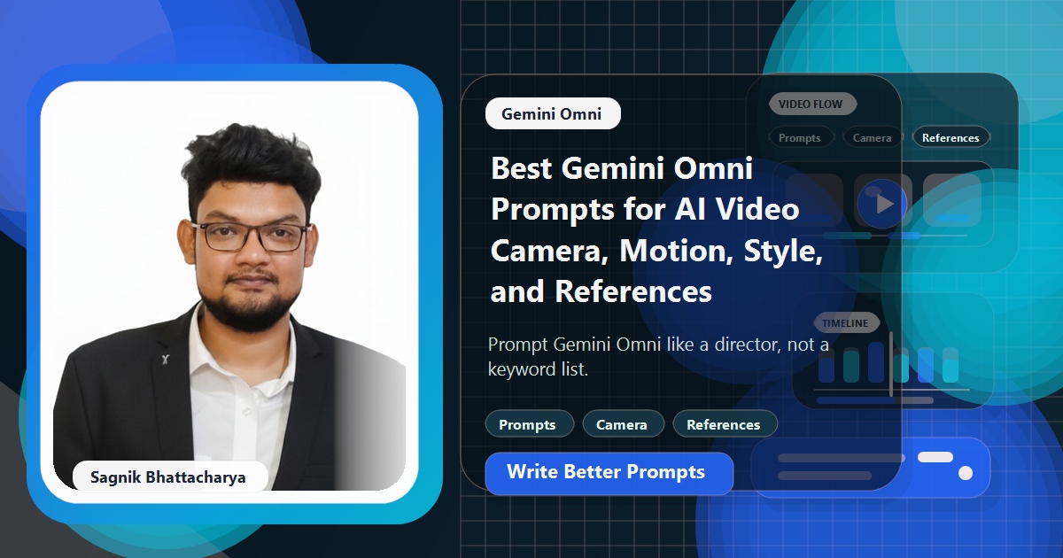 Coding Liquids blog cover featuring Sagnik Bhattacharya for Gemini Omni prompts, with camera direction cards, motion arrows, style swatches, and reference assets.