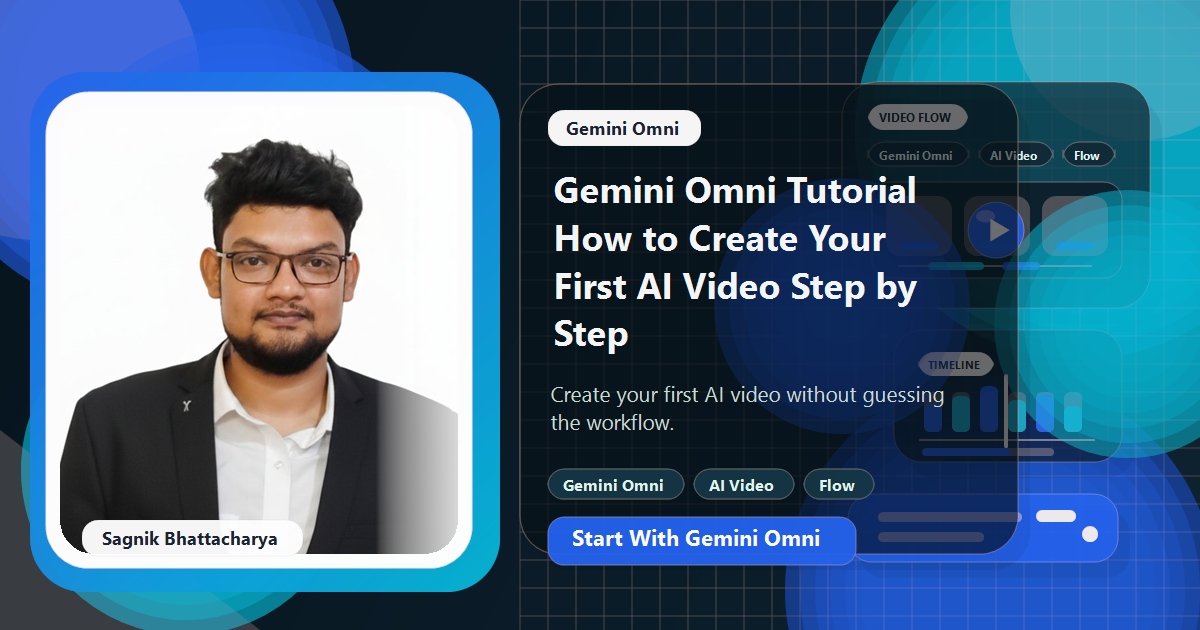 Coding Liquids blog cover featuring Sagnik Bhattacharya for a beginner Gemini Omni AI video tutorial, with prompt cards, timeline controls, and video review cues.