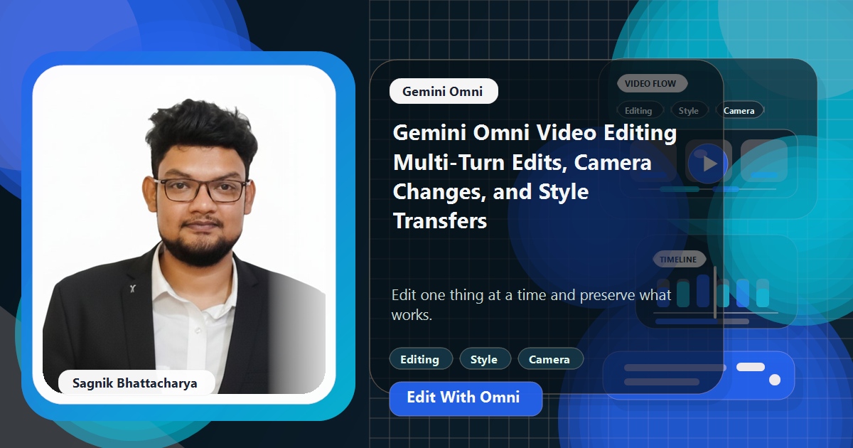 Coding Liquids blog cover featuring Sagnik Bhattacharya for Gemini Omni video editing, with multi-turn edit cards, camera changes, style transfer panels, and review notes.