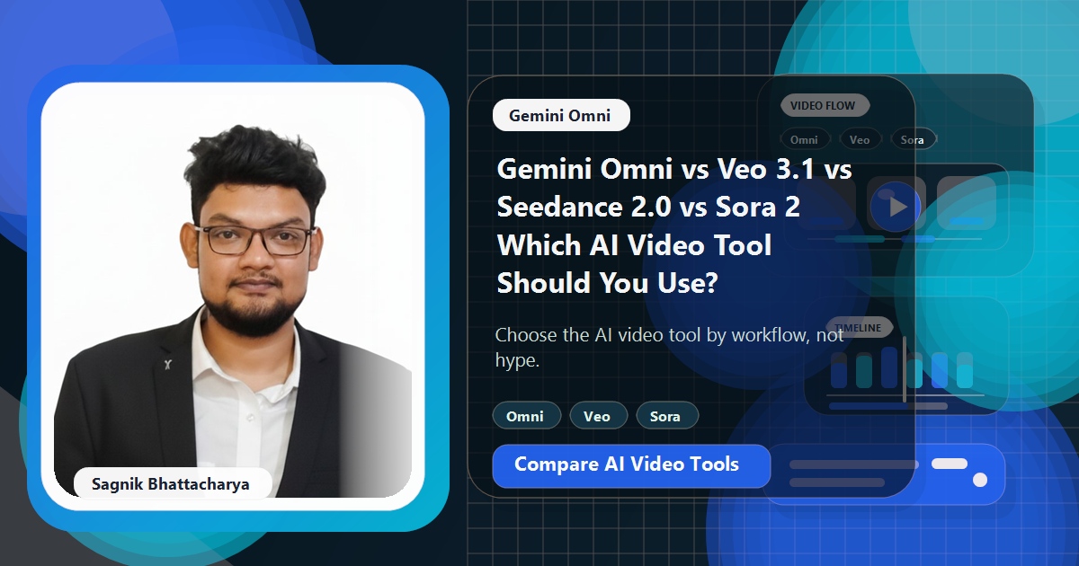 Coding Liquids blog cover featuring Sagnik Bhattacharya for Gemini Omni vs Veo 3.1 vs Seedance 2.0 vs Sora 2, with AI video comparison scorecards and benchmark panels.