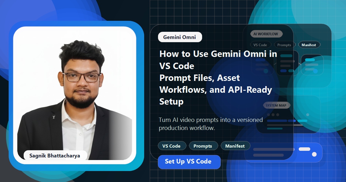 Coding Liquids blog cover featuring Sagnik Bhattacharya for using Gemini Omni in VS Code, with prompt files, JSON manifests, asset folders, and video evaluation notes.