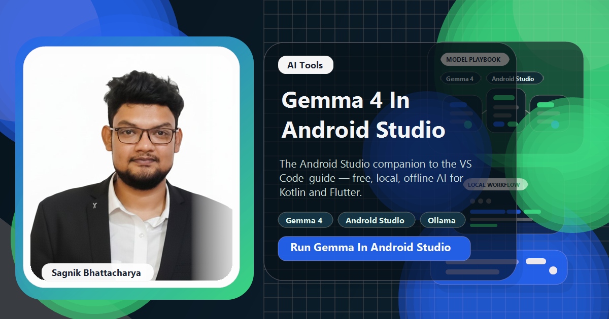 Coding Liquids blog cover featuring Sagnik Bhattacharya for How to Use Gemma 4 in Android Studio with Ollama, showing Android Studio IDE with local AI coding assistant integration.