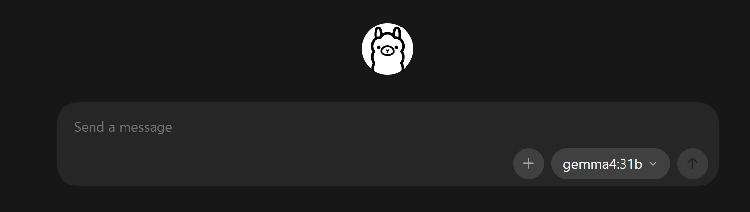 Ollama desktop chat app showing the llama logo, a Send a message input field, and gemma4:31b selected as the active model in the bottom-right model picker, all running locally with no cloud connection
