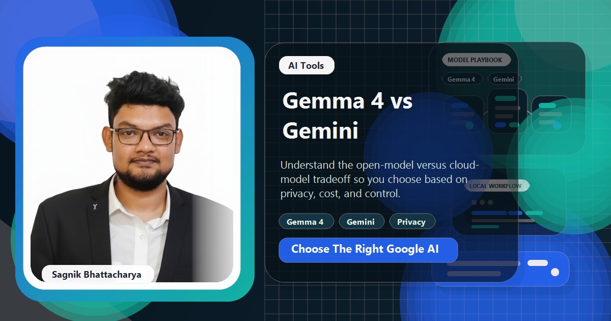 Coding Liquids blog cover featuring Sagnik Bhattacharya for Gemma 4 vs Gemini comparison, with open-weight and cloud AI visuals.