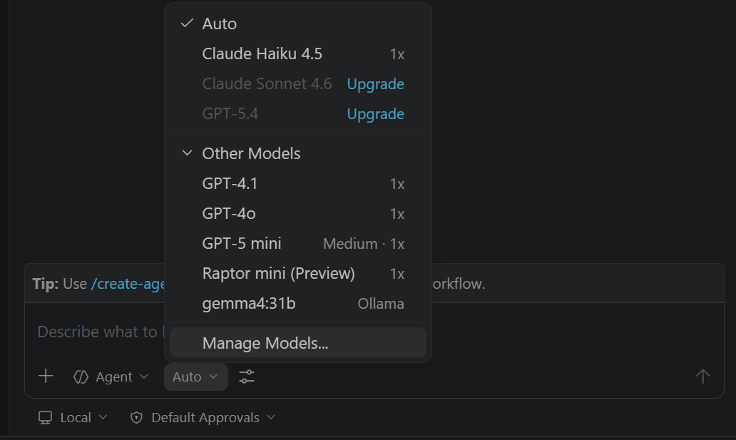VS Code GitHub Copilot Chat model picker dropdown showing gemma4:31b listed under Ollama alongside Claude Haiku 4.5, GPT-4.1, GPT-4o, GPT-5 mini, and Raptor mini, with a Manage Models button at the bottom