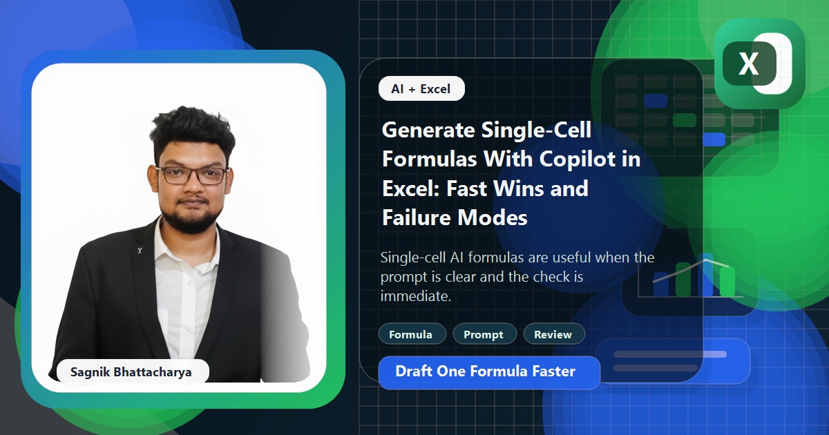 Coding Liquids blog cover featuring Sagnik Bhattacharya for generating single-cell formulas with Copilot in Excel, with prompt and formula visuals.