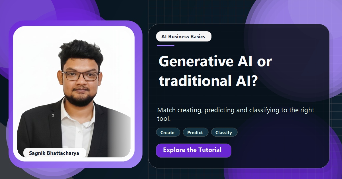 Coding Liquids tutorial cover featuring Sagnik Bhattacharya for Generative AI vs Traditional AI: Which Does Each Task Need?