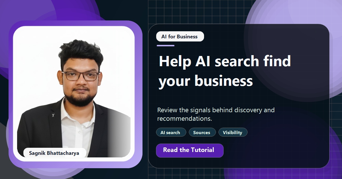 Coding Liquids tutorial cover featuring Sagnik Bhattacharya for How to Get Your Business Recommended by ChatGPT and AI Search.