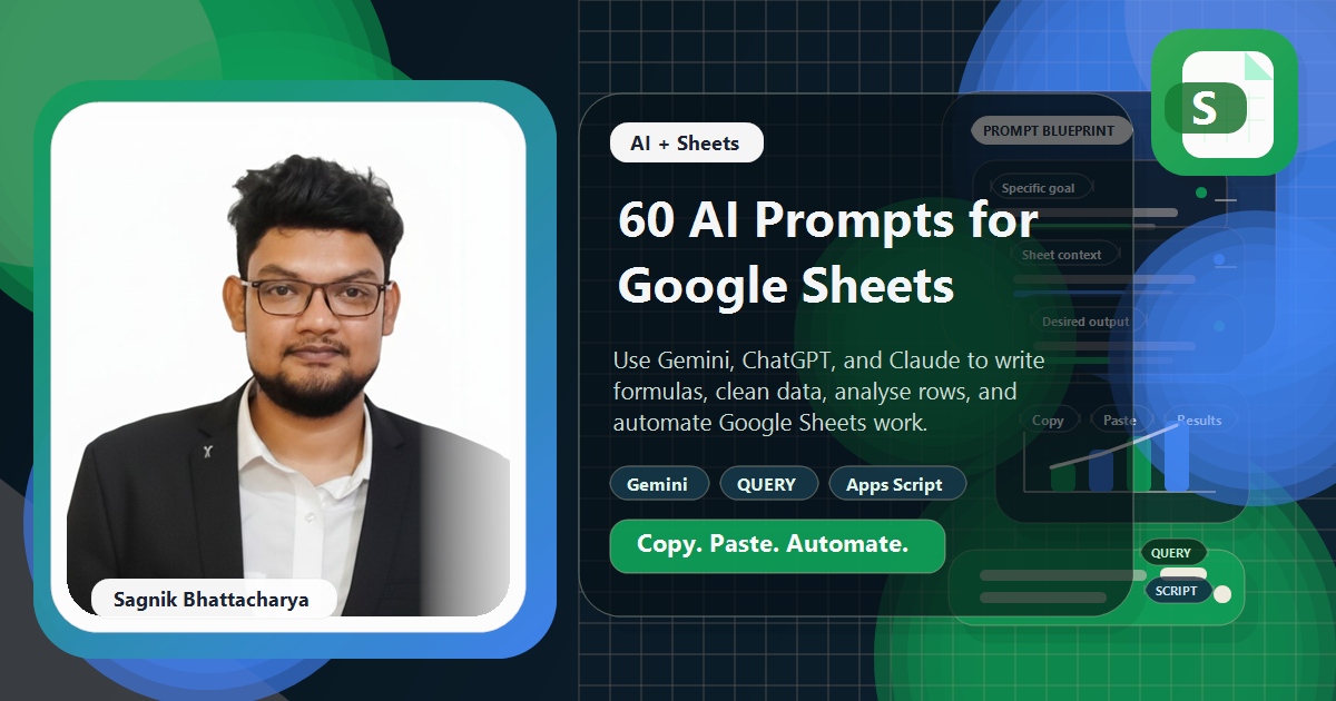 Coding Liquids blog cover featuring Sagnik Bhattacharya for 60 AI Prompts for Google Sheets That Actually Work (Copy, Paste, Automate), with Gemini prompt cards, Google Sheets grids, QUERY formulas, and Apps Script automation cues.