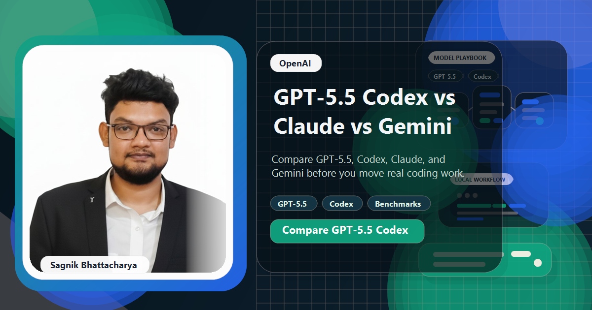 Coding Liquids tutorial cover featuring Sagnik Bhattacharya for GPT-5.5 and GPT-5.5 Codex explained, showing an OpenAI GPT-5.5 model comparison dashboard.
