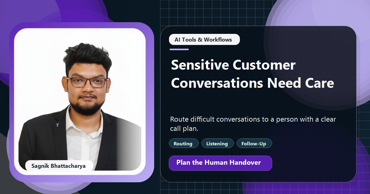Coding Liquids tutorial cover featuring Sagnik Bhattacharya for How to Handle Sensitive Customer Conversations Without AI.