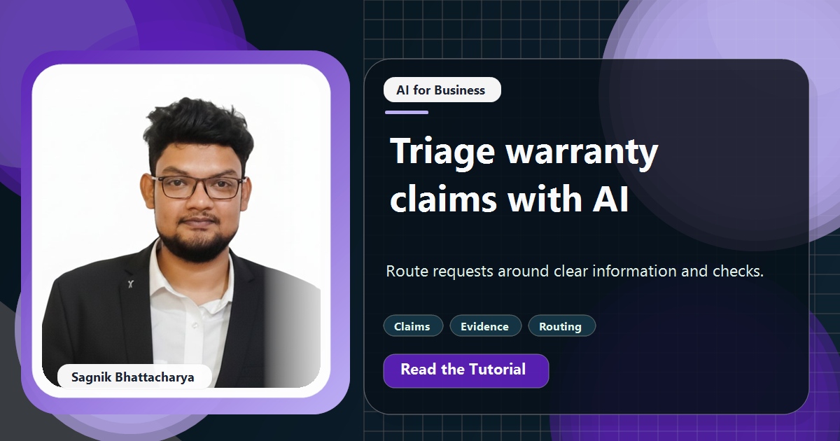 Coding Liquids tutorial cover featuring Sagnik Bhattacharya for How to Handle Warranty Claims Faster With AI Triage.