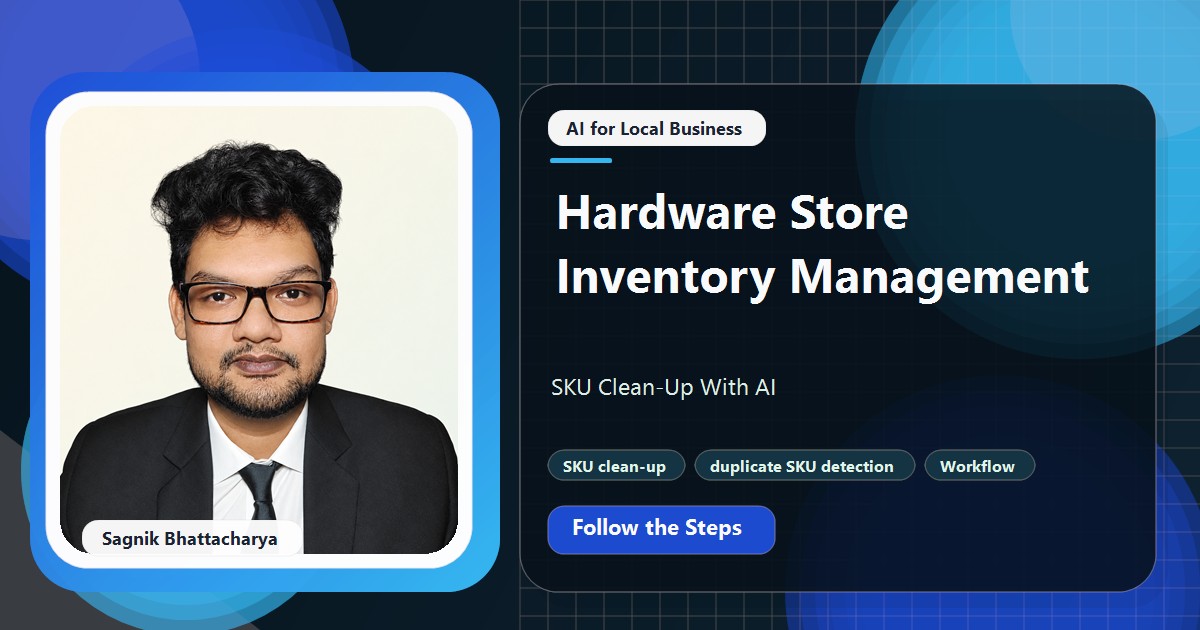 Coding Liquids tutorial cover featuring Sagnik Bhattacharya for Hardware Store Inventory Management: SKU Clean-Up With AI.