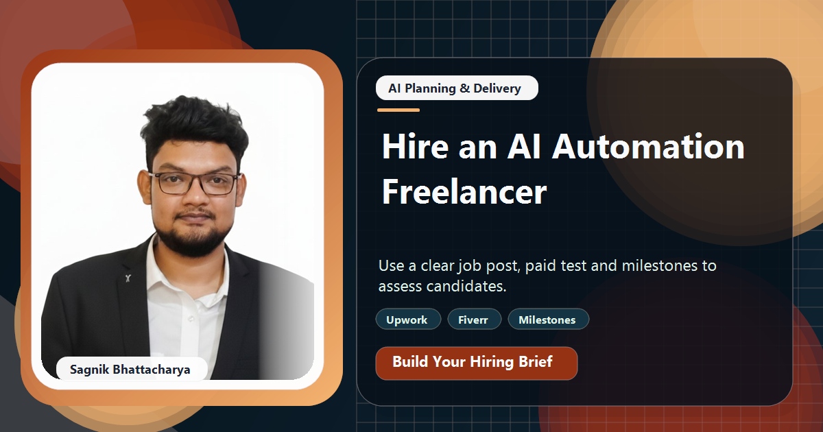 Coding Liquids tutorial cover featuring Sagnik Bhattacharya for How to Hire an AI Automation Freelancer on Upwork or Fiverr.