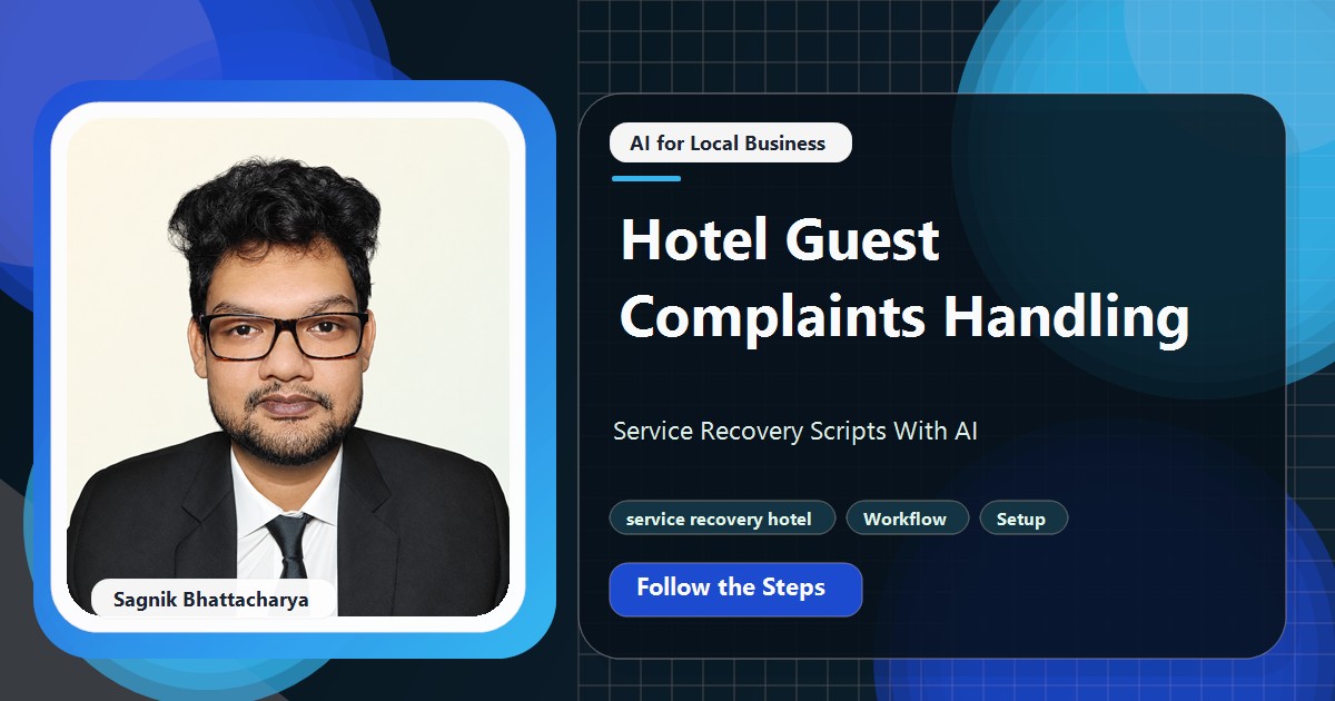 Coding Liquids tutorial cover featuring Sagnik Bhattacharya for Hotel Guest Complaints Handling: Service Recovery Scripts With AI.