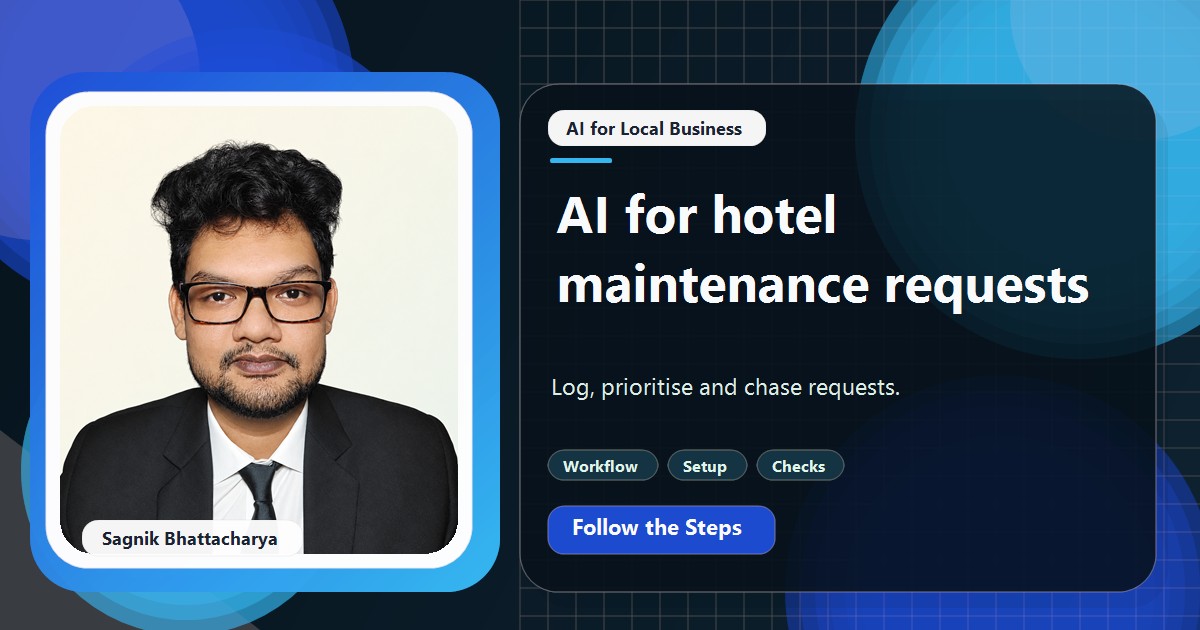 Coding Liquids tutorial cover featuring Sagnik Bhattacharya for Hotel Maintenance Software or AI? Log, Prioritise and Chase Requests.