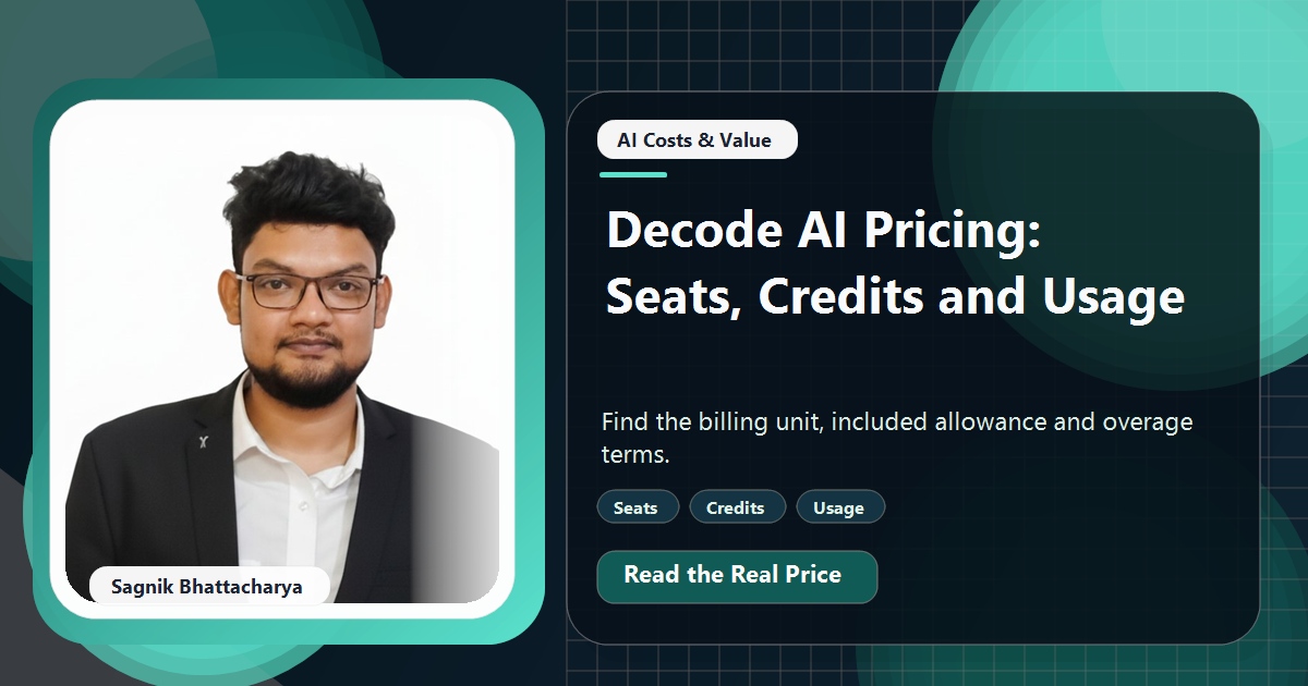 Coding Liquids tutorial cover featuring Sagnik Bhattacharya for How to Read AI Software Pricing: Seats, Credits, and Usage Fees.
