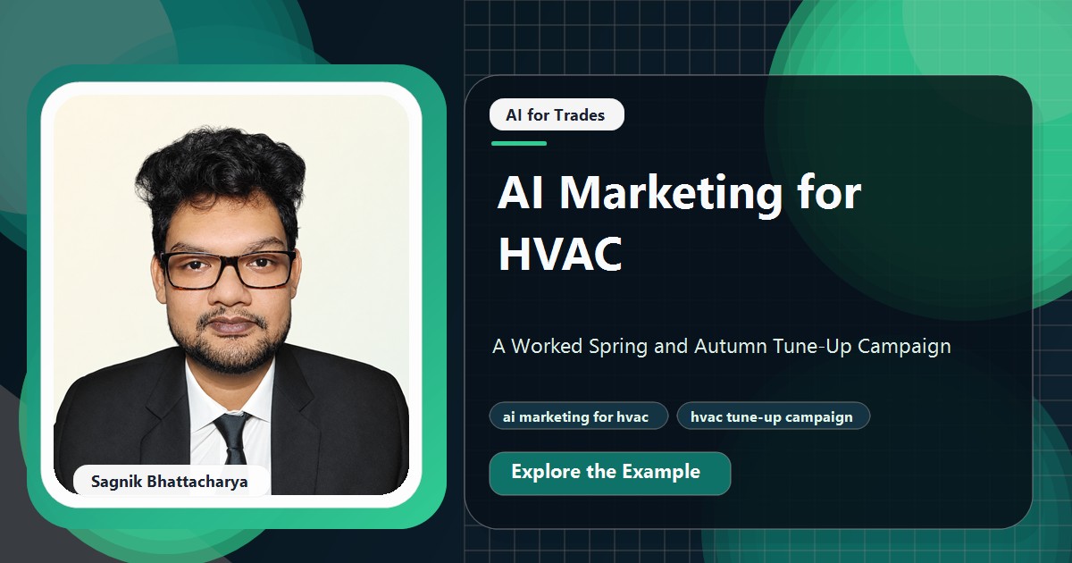 Coding Liquids tutorial cover featuring Sagnik Bhattacharya for AI Marketing for HVAC: A Worked Spring and Autumn Tune-Up Campaign.