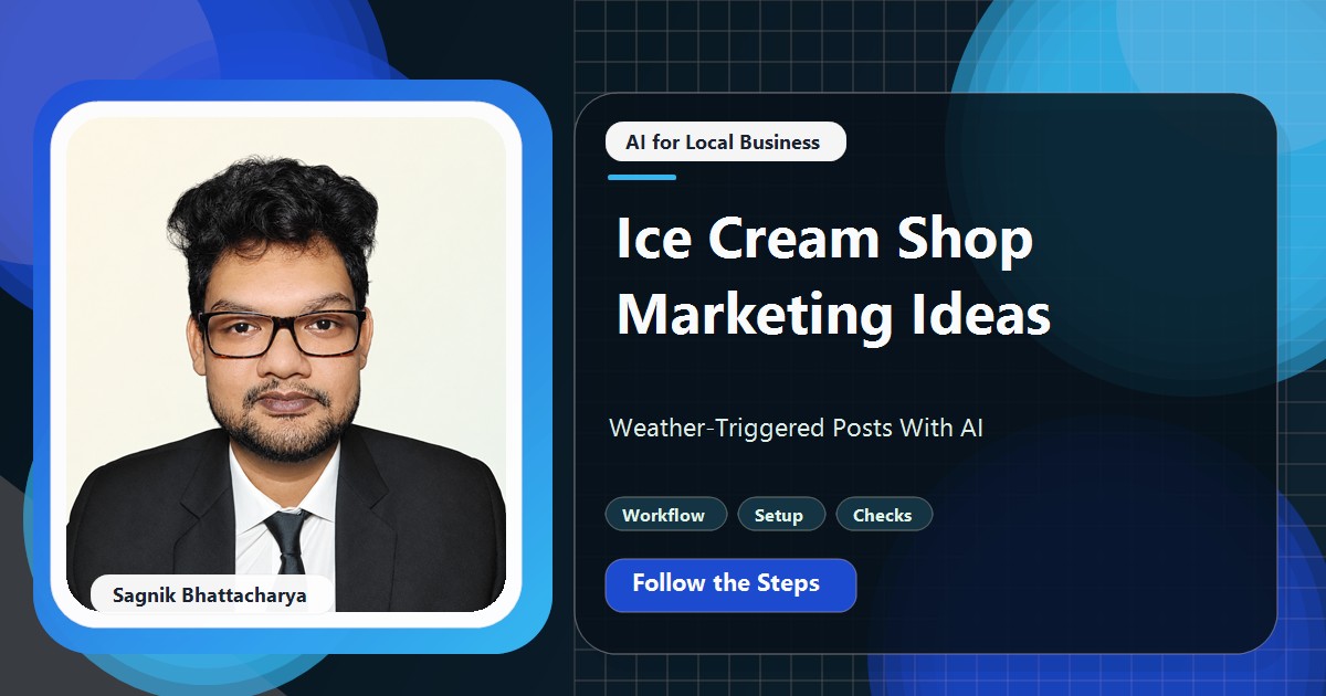 Coding Liquids tutorial cover featuring Sagnik Bhattacharya for Ice Cream Shop Marketing Ideas: Weather-Triggered Posts With AI.