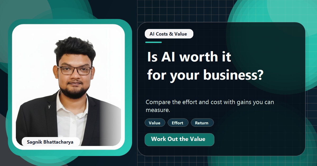 Coding Liquids tutorial cover featuring Sagnik Bhattacharya for Is AI Worth It for a Small Business? How to Work Out Your Answer.