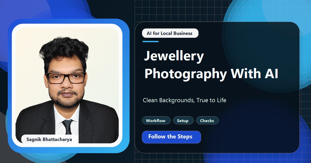 Coding Liquids tutorial cover featuring Sagnik Bhattacharya for Jewellery Photography With AI: Clean Backgrounds, True to Life.