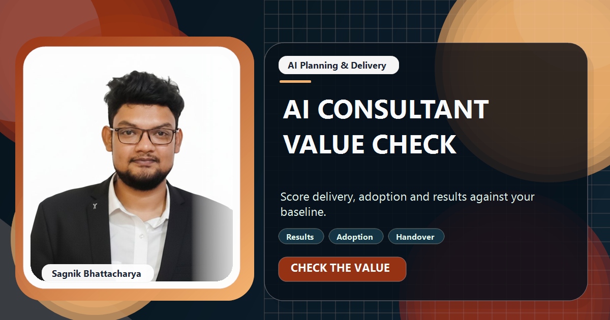 Coding Liquids tutorial cover featuring Sagnik Bhattacharya for How to Judge Whether Your AI Consultant Delivered Value.