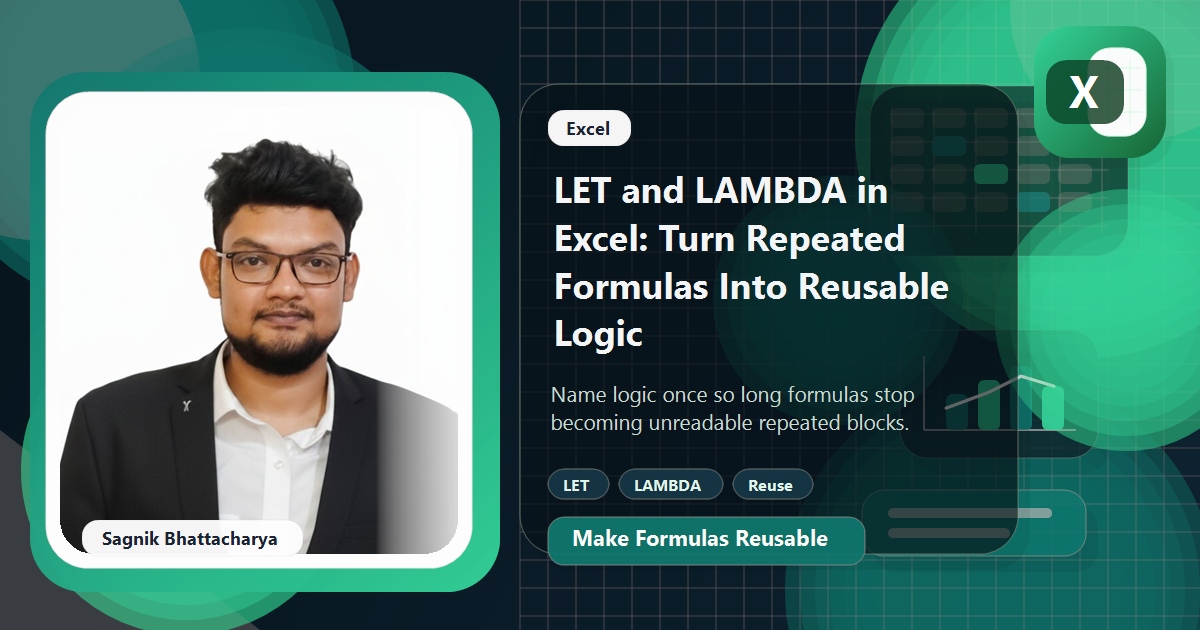 Coding Liquids blog cover featuring Sagnik Bhattacharya for LET and LAMBDA in Excel, with reusable formula logic visuals.