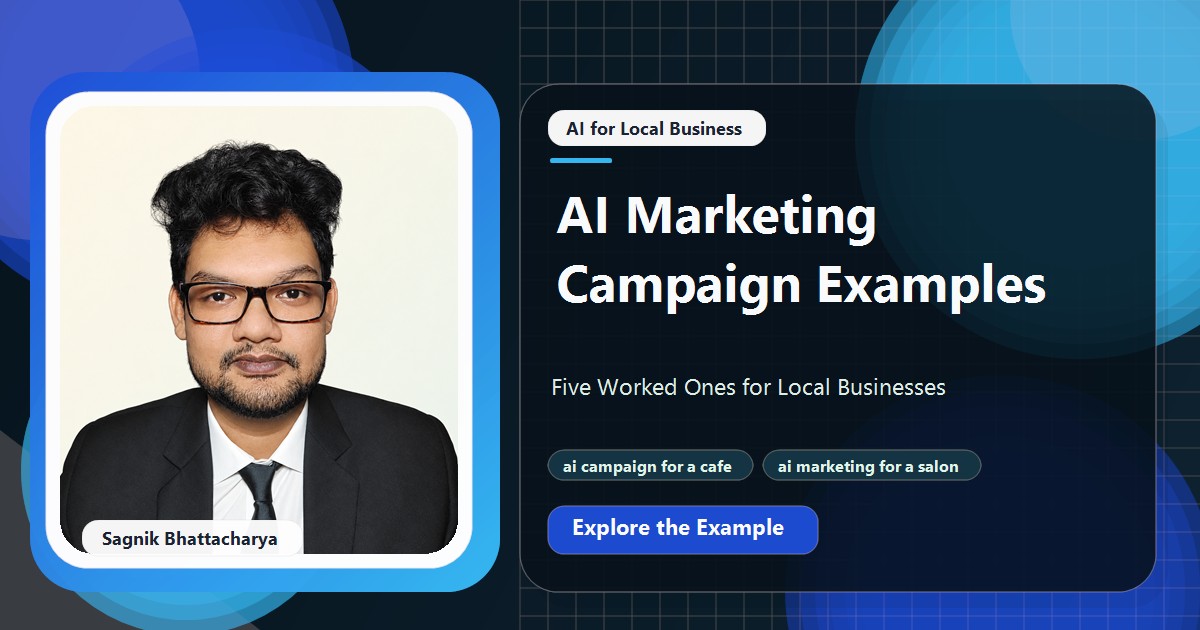 Coding Liquids tutorial cover featuring Sagnik Bhattacharya for AI Marketing Campaign Examples: Five Worked Ones for Local Businesses.
