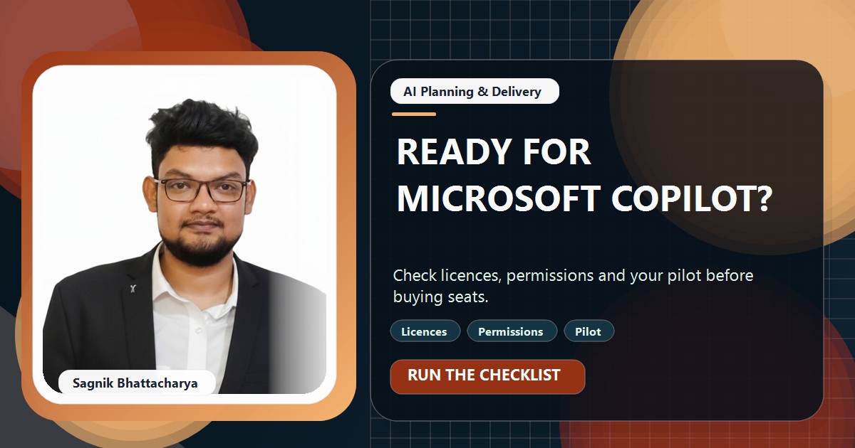 Coding Liquids tutorial cover featuring Sagnik Bhattacharya for Microsoft 365 Copilot Readiness Checklist for Small Businesses.