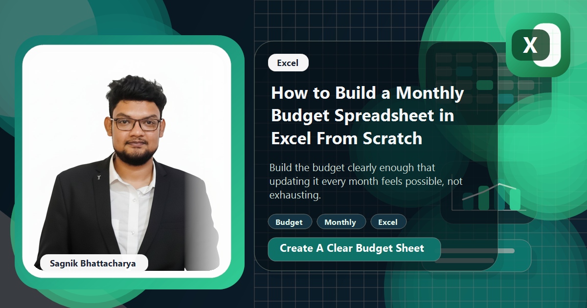 Coding Liquids blog cover featuring Sagnik Bhattacharya for building a monthly budget spreadsheet in Excel, with budget and cashflow visuals.