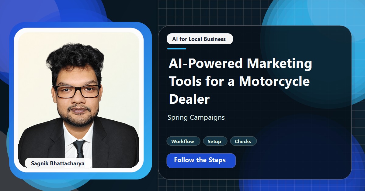 Coding Liquids tutorial cover featuring Sagnik Bhattacharya for AI-Powered Marketing Tools for a Motorcycle Dealer: Spring Campaigns.