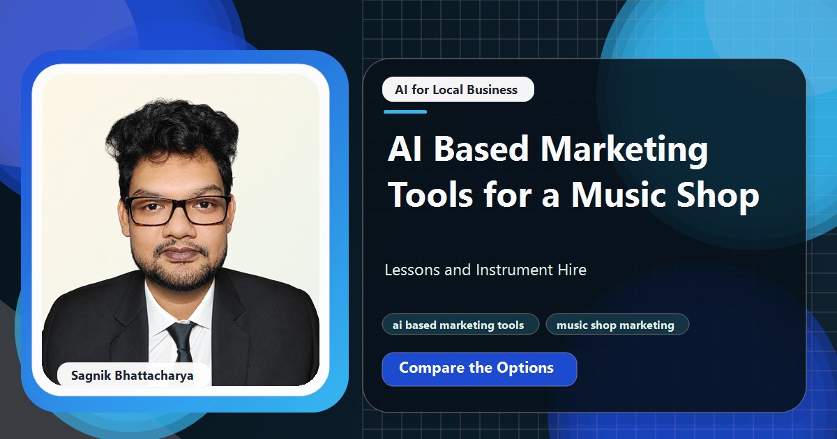 Coding Liquids tutorial cover featuring Sagnik Bhattacharya for AI Based Marketing Tools for a Music Shop: Lessons and Instrument Hire.