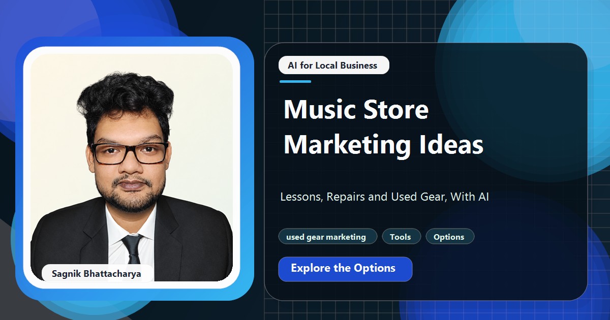 Coding Liquids tutorial cover featuring Sagnik Bhattacharya for Music Store Marketing Ideas: Lessons, Repairs and Used Gear, With AI.