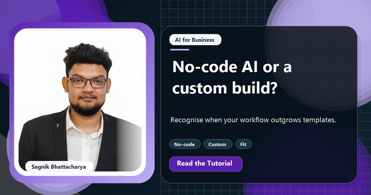 Coding Liquids tutorial cover featuring Sagnik Bhattacharya for No-Code AI Tools vs a Custom Build: When Templates Stop Working.
