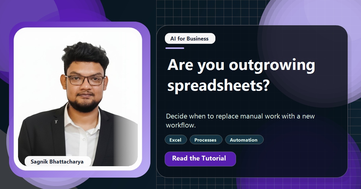 Coding Liquids tutorial cover featuring Sagnik Bhattacharya for Outgrowing Spreadsheets: When to Replace Manual Excel With AI.