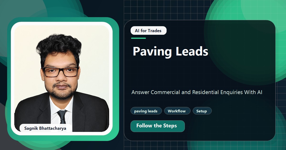 Coding Liquids tutorial cover featuring Sagnik Bhattacharya for Paving Leads: Answer Commercial and Residential Enquiries With AI.