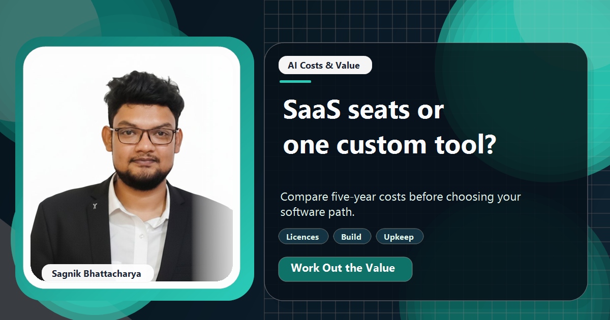 Coding Liquids tutorial cover featuring Sagnik Bhattacharya for Per-Seat SaaS Fees vs One Custom Tool: Five-Year Costs Compared.