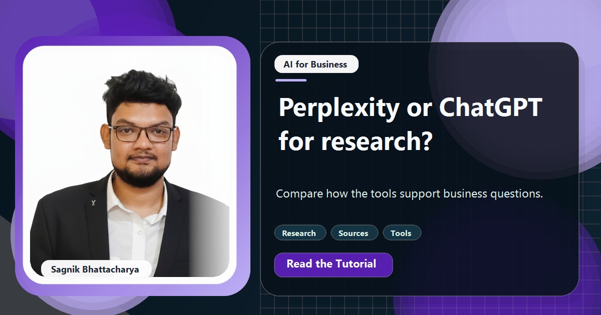 Coding Liquids tutorial cover featuring Sagnik Bhattacharya for Perplexity vs ChatGPT for Business Research.