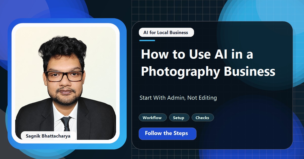 Coding Liquids tutorial cover featuring Sagnik Bhattacharya for How to Use AI in a Photography Business: Start With Admin, Not Editing.