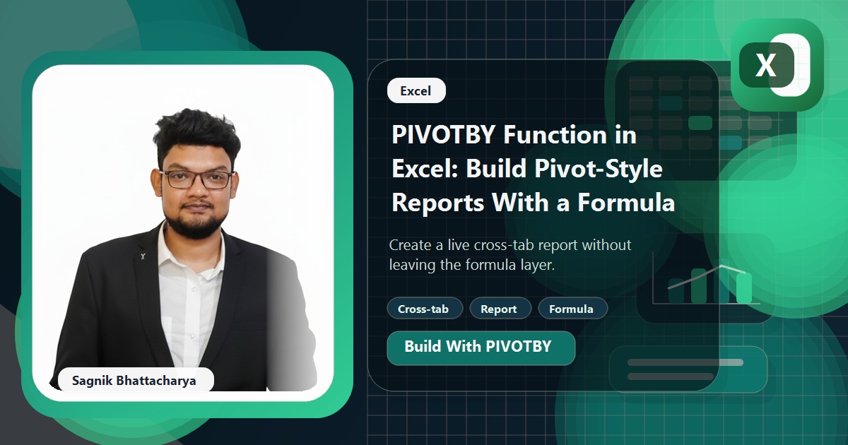 Coding Liquids blog cover featuring Sagnik Bhattacharya for the PIVOTBY function in Excel, with cross-tab report grids and formula-led summary visuals.