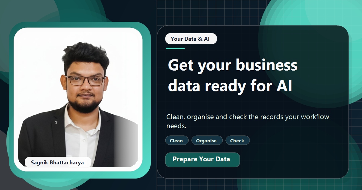Coding Liquids tutorial cover featuring Sagnik Bhattacharya for How to Prepare Your Business Data for AI, Step by Step.
