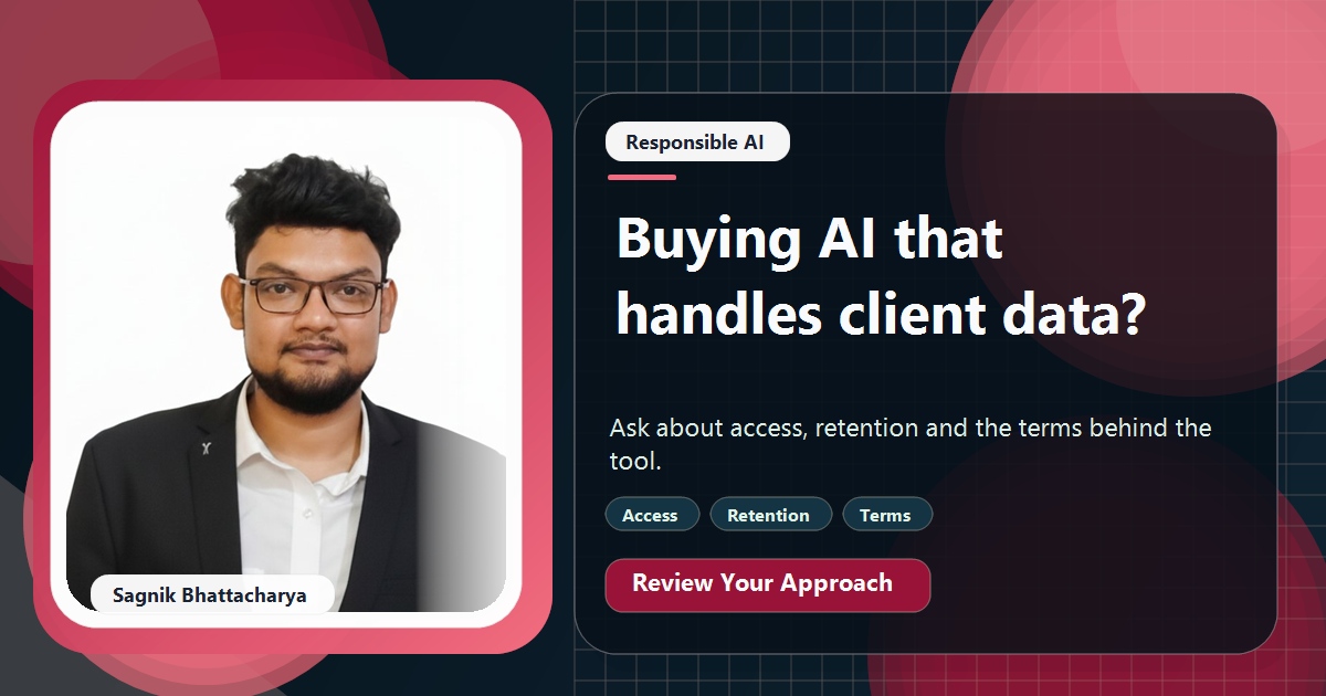 Coding Liquids tutorial cover featuring Sagnik Bhattacharya for Questions to Ask Before Buying AI That Touches Client Data.