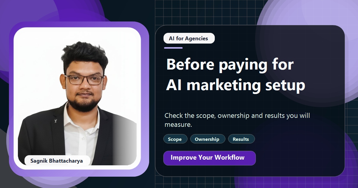 Coding Liquids tutorial cover featuring Sagnik Bhattacharya for Questions to Ask Before You Pay Anyone to Set Up AI Marketing.