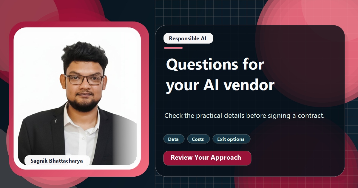 Coding Liquids tutorial cover featuring Sagnik Bhattacharya for Questions to Ask an AI Vendor Before You Sign Anything.
