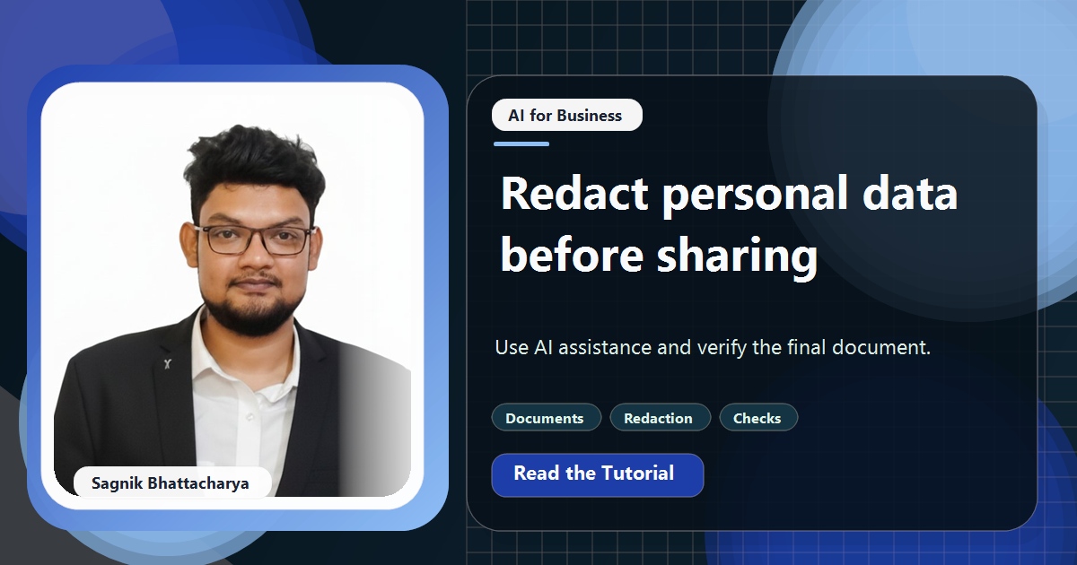 Coding Liquids tutorial cover featuring Sagnik Bhattacharya for How to Redact Personal Data From Documents With AI Before Sharing.