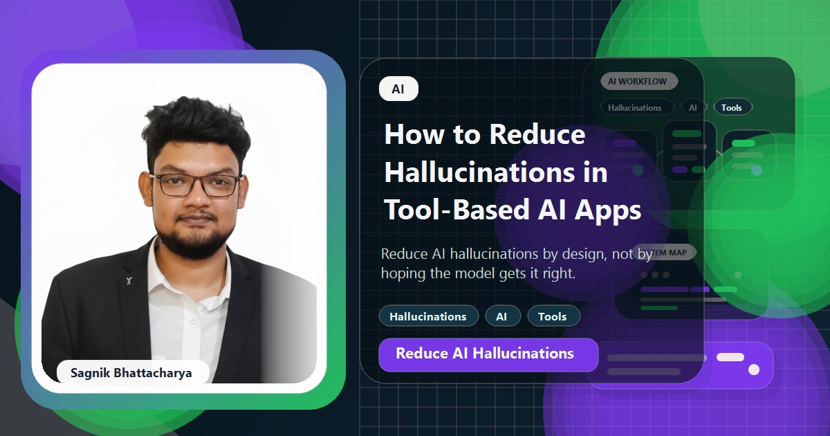 Coding Liquids blog cover featuring Sagnik Bhattacharya for reducing hallucinations in tool-based AI apps.