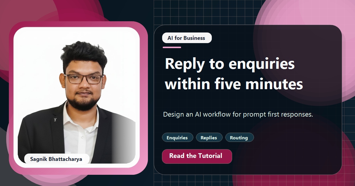 Coding Liquids tutorial cover featuring Sagnik Bhattacharya for How to Reply to Every Enquiry in Under Five Minutes With AI.